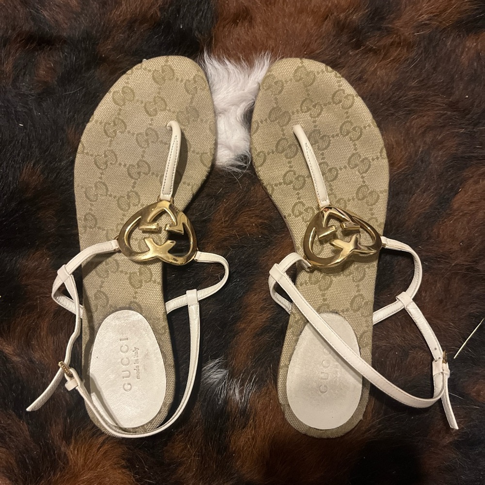 Gucci Tan Sandals with Gold Emblem